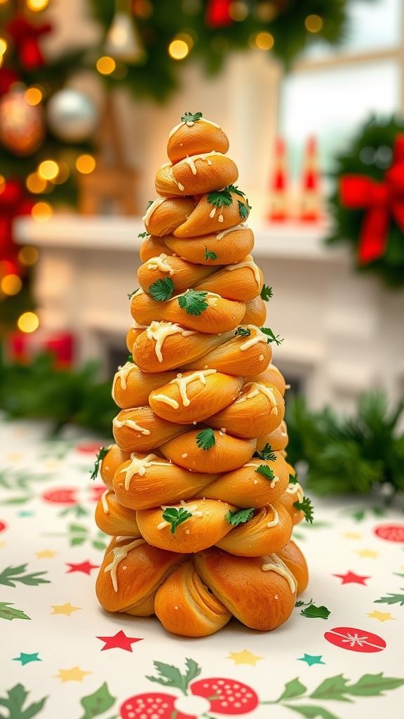 A beautiful garlic knot Christmas tree appetizer garnished with parsley, served on a festive table.